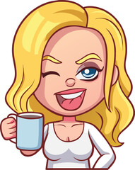 Playful Chibi Blonde Woman Winking with Tongue Out, Holding Mug of Coffee or Tea, Fun Vector Graphic for Casual Lifestyle