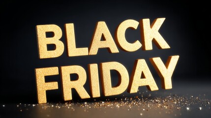 Golden glittering text displaying Black Friday sale promotion, shining against a dark background with scattered sparkles, creating an enticing atmosphere for holiday shopping excitement and consumer e