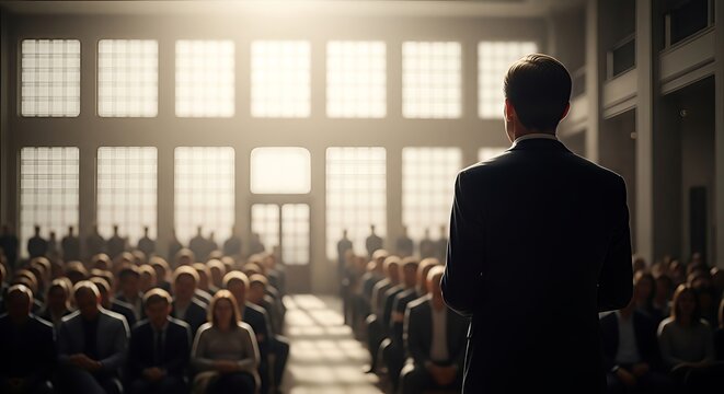 Speaker addresses a large audience, sharing insight and vision in a bright hall