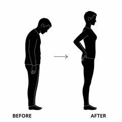 猫背と正しい姿勢の比較イラスト 姿勢改善と身体の歪みのビフォーアフター 健康的な立ち方と悪い姿勢の図解