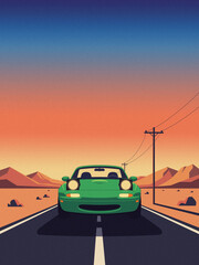 Fototapeta premium A green convertible car driving on an empty desert road during sunset. Minimalist flat illustration with warm retro tones and soft textured gradients.
