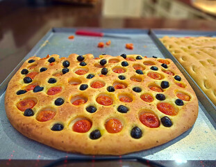 appetizing and tempting piece of pizza stuffed with olives and tomatoes