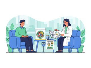A doctor in a white coat explains medical information to a seated male patient during a consultation.