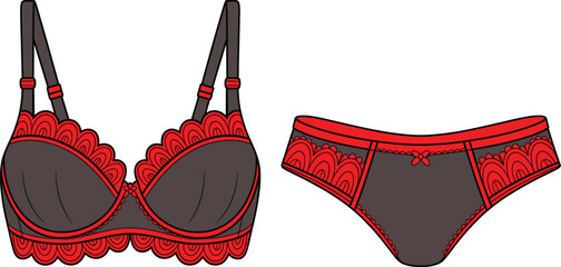 Women's lingerie set vector illustration featuring black bra and panties with red lace trim technical drawing fashion flat sketch isolated on white background