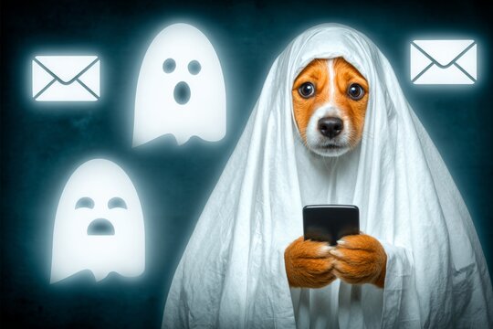 Puppy's nighttime adventure: smartphone in paw. Puppy holding. Living in a world of never-ending messages and mental clutter. Reducing digital stress. Digital attention span.