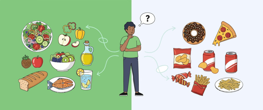A man stands between healthy food choices on the left and unhealthy junk food options on the right, with a question mark above his head.