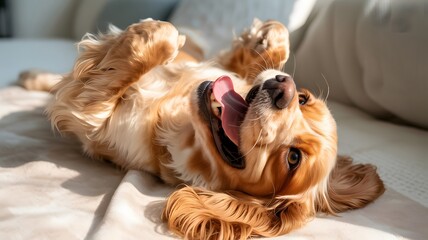 Happy golden cocker spaniel dog rolling on its back in sunlight