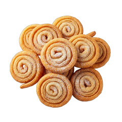 Fototapeta premium Golden Spiral Fried Dough Pastries Dusted with Powdered Sugar Isolated on Black Background Detailed Close-up