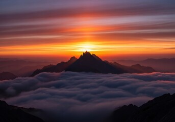Stunning Sunrise View Over Cloud Layer from Mountain Top