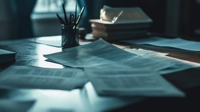 Video A cluttered desk with various documents and papers scattered across its surface