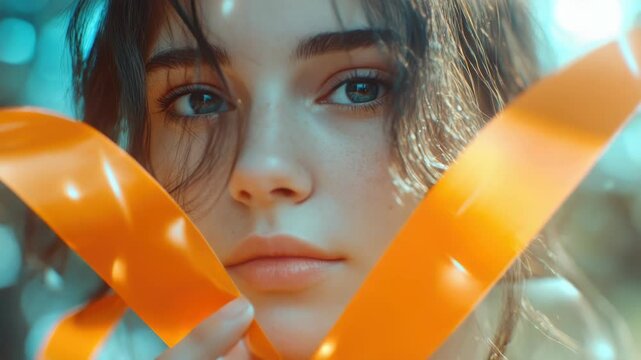 Video A close-up of a person holding an orange ribbon, suitable for use in various contexts where symbolization is important