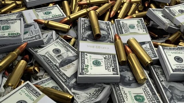 A stack of United States cash is surrounded by ammunition in this top-down view