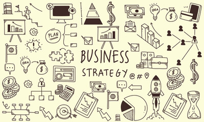 Business doodle icon set, vector hand drawn finance sketch, ink line startup money clipart. Creative presentation project scribble, cartoon cute strategy sign, achievement chart. Business doodle kit