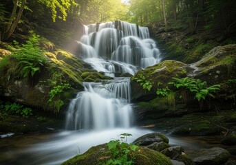 Waterfall Cascading into a Lush Green Tropical Forest Pond