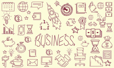 Business doodle icon set, vector hand drawn finance sketch, ink line startup money clipart. Creative presentation project scribble, cartoon cute strategy sign, achievement chart. Business doodle kit