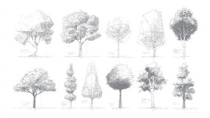 Collection of ten diverse grey stippled trees with varied shapes and sizes on a white background nature