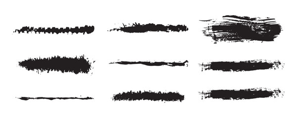A collection of bold black grunge brush stroke set with rough textures, smudged paint effects, dry-brush edges, and hand-painted ink lines