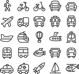 Transportation icon set with black and white line symbols of vehicles, travel modes, and mobility concepts