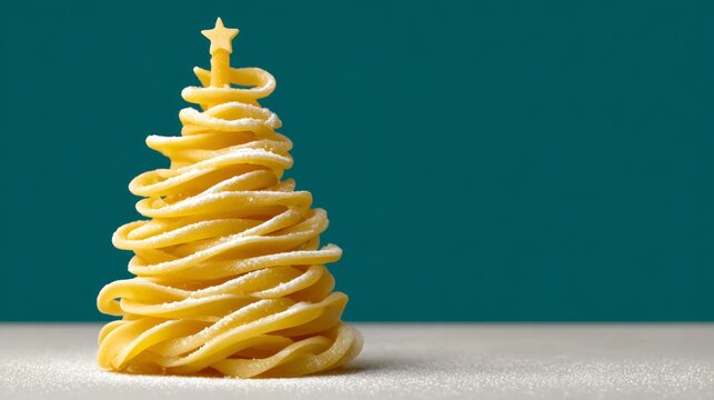 Creative pasta sculpture resembling a Christmas tree, adorned with powdered sugar and a star on top, set against a vibrant teal background, showcasing festive culinary artistry and holiday spirit