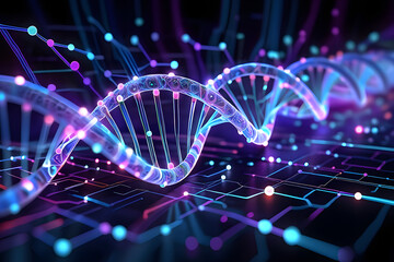 Abstract visualization of a glowing DNA double helix integrated with a futuristic digital network, symbolizing the convergence of biotechnology and genetic data analysis
