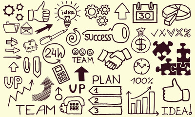 Business doodle icon set, vector hand drawn finance sketch, ink line startup money clipart. Creative presentation project scribble, cartoon cute strategy sign, achievement chart. Business doodle kit