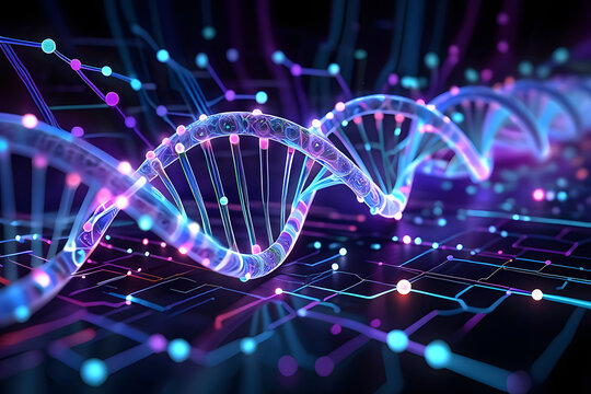 Abstract visualization of a glowing DNA double helix integrated with a futuristic digital network, symbolizing the convergence of biotechnology and genetic data analysis