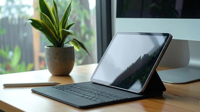 Workspace Serenity Tablet, Keyboard, and Plant on Wooden Desk