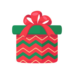 Festive Christmas Gift Box with Red Bow and Green Zigzag Pattern