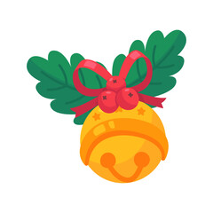 Cheerful Golden Christmas Jingle Bell with Holly and Red Ribbon