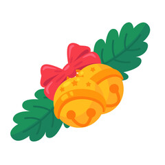 Christmas Holiday Illustration with Golden Jingle Bells, Red Bow, and Green Leaves