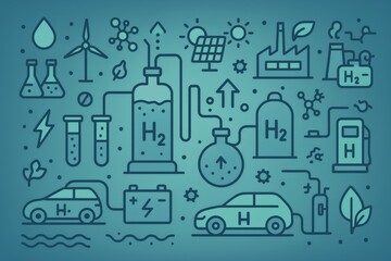 Fototapeta premium Hydrogen energy ecosystem illustrating sustainable technology innovations including research laboratory tools electric vehicles and renewable resources driving future mobility solutions
