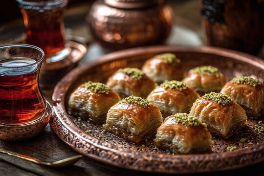 Traditional baklava with pistachios and Turkish tea on tray