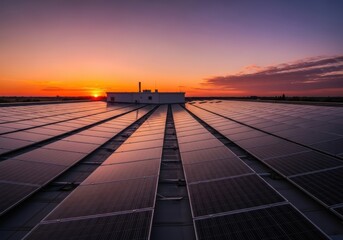Dramatic Sunset Over Solar Panels in a Renewable Energy Park