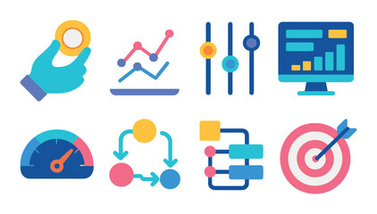 Bright icons representing analytics tools and data visualization concepts
