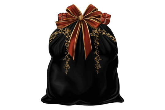 Black Velvet Christmas Sack with Dark Red Gifts Isolated on Transparent Background