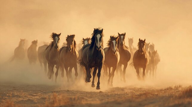 Wild horse herd running free in golden hour dust on open plain, dramatic wildlife nature, freedom concept.