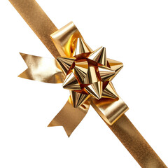 Golden Gift Wrapping Bow with Ribbon on Transparent Background