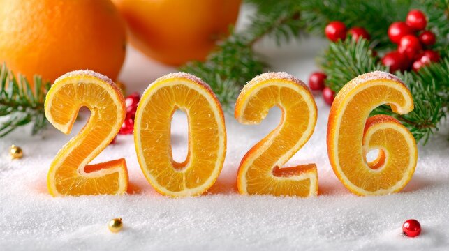 Bright and vibrant orange slices shaped as the numbers 2026, surrounded by festive decorations, snow, and holiday greenery, creating a cheerful New Year celebration atmosphere