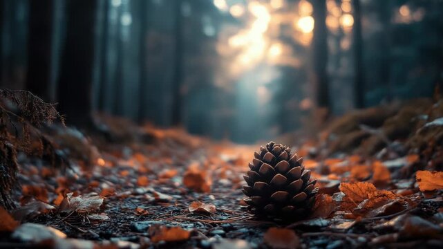 Video A single pine cone situated in the midst of a dense forest, surrounded by trees and foliage
