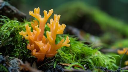 Single, vibrant orange Coral Fungus with intricate branching structure, growing amidst green moss on the dark forest floor