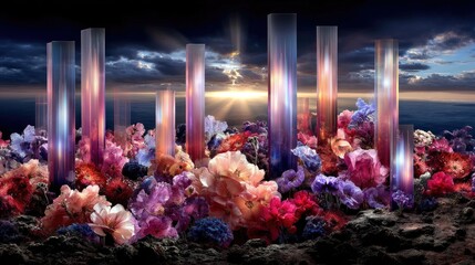 A surreal landscape featuring tall, translucent, glowing pillars interspersed with a dense, colorful array of flowers, set against a dramatic sky at sunset.