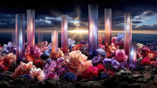 A surreal landscape featuring tall, translucent, glowing pillars interspersed with a dense, colorful array of flowers, set against a dramatic sky at sunset.