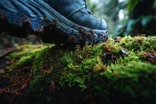 Muddy hiking boot stepping on moss in forest close-up