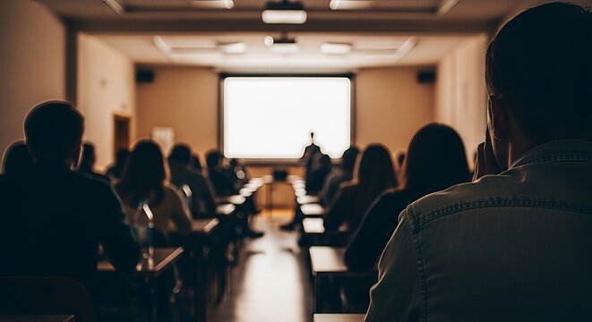 Rear view of students in lecture hall attending a presentation on projector screen