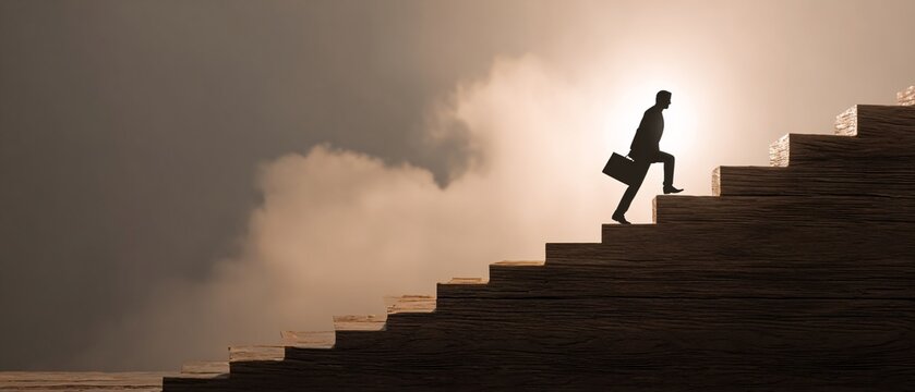 Businessman silhouette climbing wooden steps into sunlight, concept of success, growth, ambition, achievement.