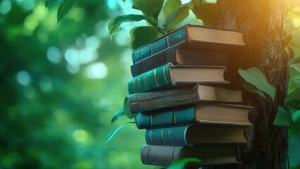 Video Stack of books resting on a tree trunk, great for education or nature scenes - Powered by Adobe