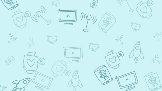 Doodle technology illustrations on light blue background ideal for techrelated designs, presentations, websites, and educational materials. Engaging, versatile icons.