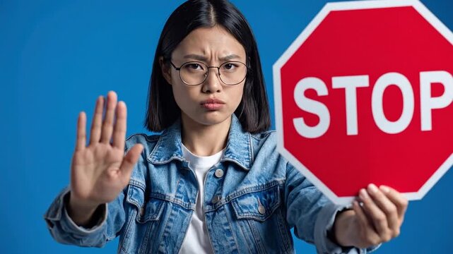 Woman with stop sign expressing disapproval and urging caution, against a blue background
