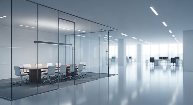 Serene workplace design showcasing modern conference room within open office space - Powered by Adobe