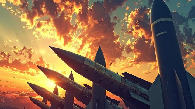 Military missiles stand ready against a dramatic sunset sky, symbolizing defense and readiness